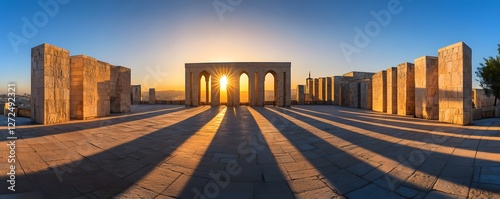 The sun sets through the arches of Tsitsernakaberd in Yerevan