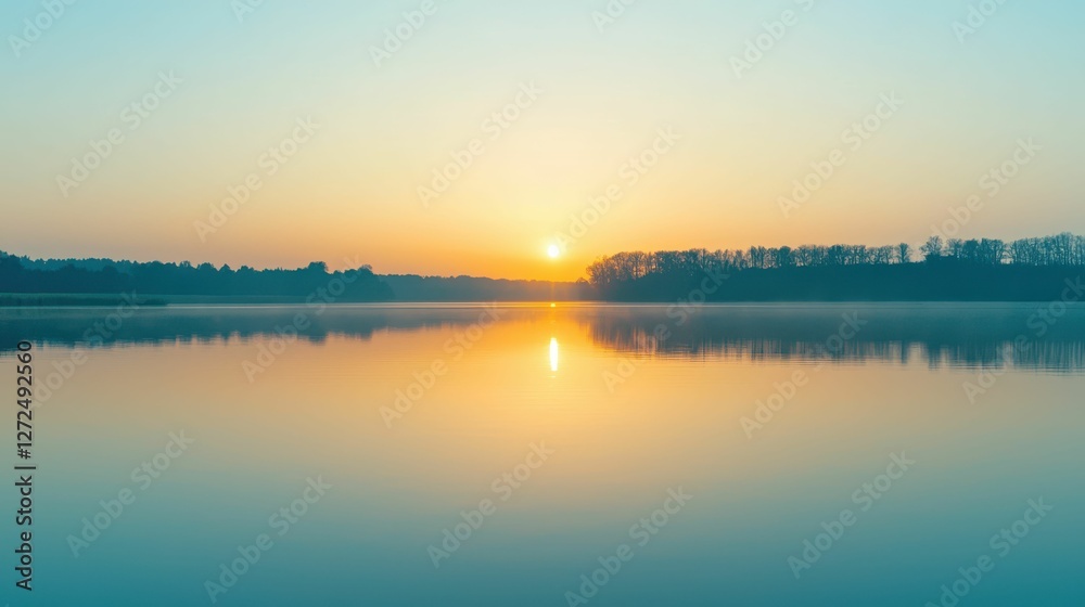 Serene Lake at Sunrise with Crystal Clear Liquid Surface Reflections Serene Lake at Sunrise with Crystal Clear Liquid Surface Reflections