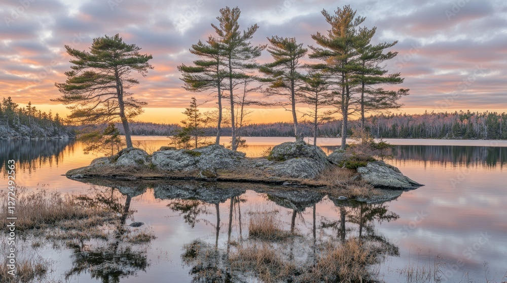 Fototapeta premium Sunset Serenity Island Pines Reflecting Calm Waters