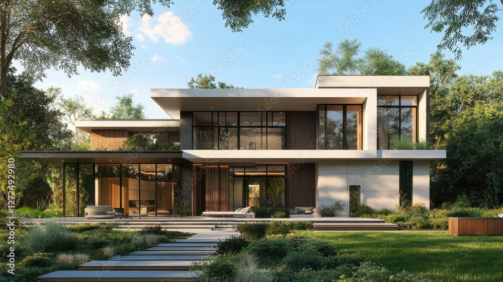 Serene Modern Home Exterior with Fireproof Cladding and Landscape Serene Modern Home Exterior with Fireproof Cladding and Landscape