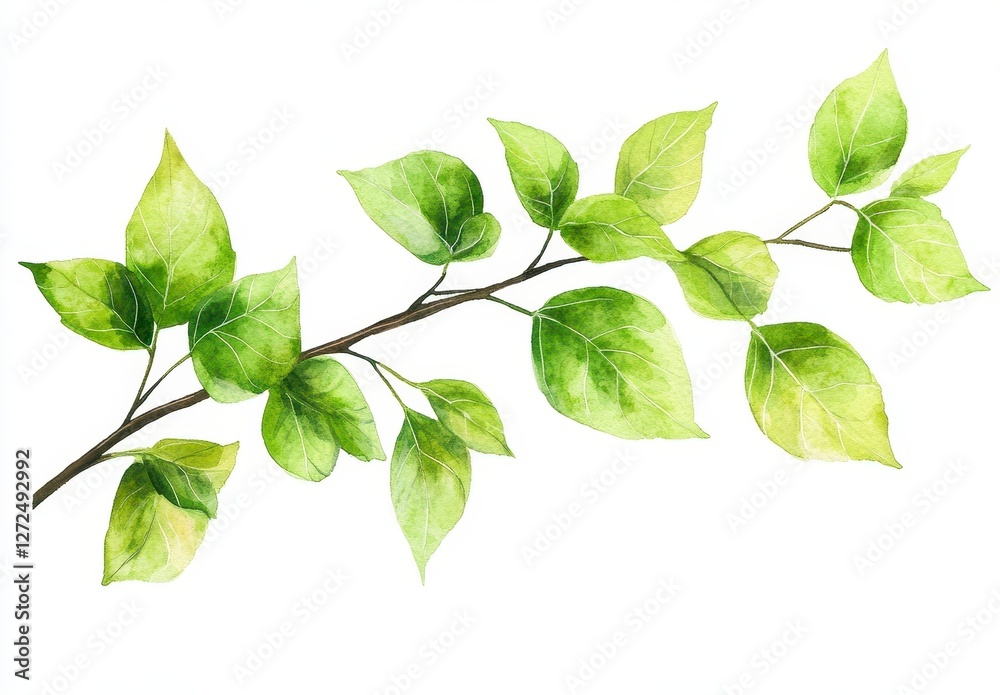 Fototapeta premium Fresh Green Leaves on Branch in Watercolor Style Artwork