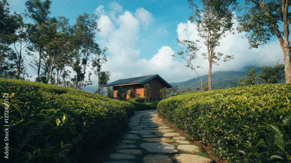 Obraz premium Serene Tea Plantation House Scenic Pathway