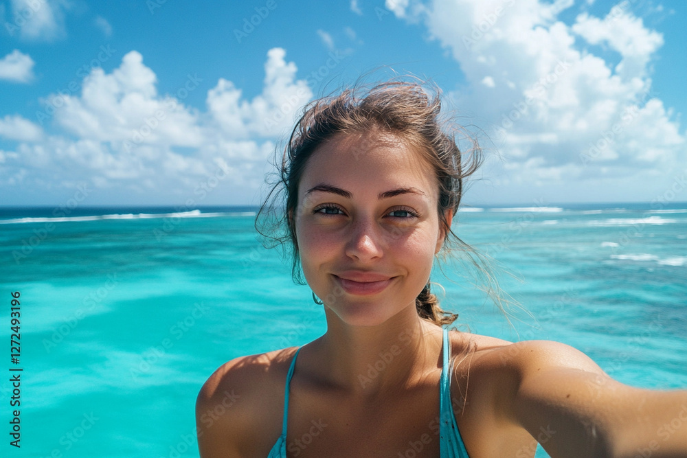 Smiling young woman enjoys a sunny day by the turquoise ocean in a tropical paradise under a clear blue sky
