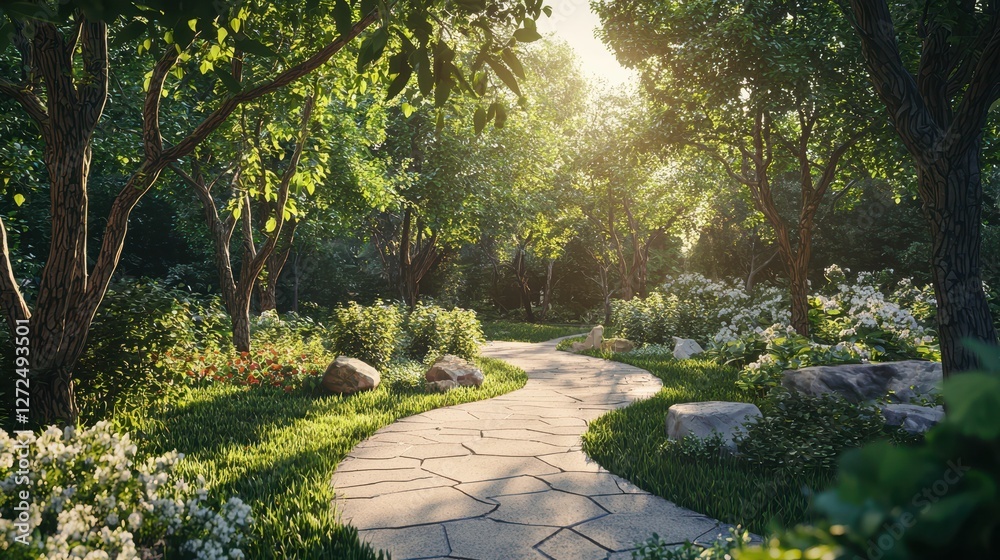 Serene Outdoor Stone Path Surrounded by Lush Greenery and Trees Serene Outdoor Stone Path Surrounded by Lush Greenery and Trees