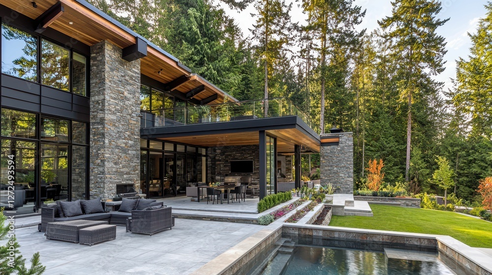Serene Outdoor Scene with Stone-Clad House and Pool Retreat Serene Outdoor Scene with Stone-Clad House and Pool Retreat