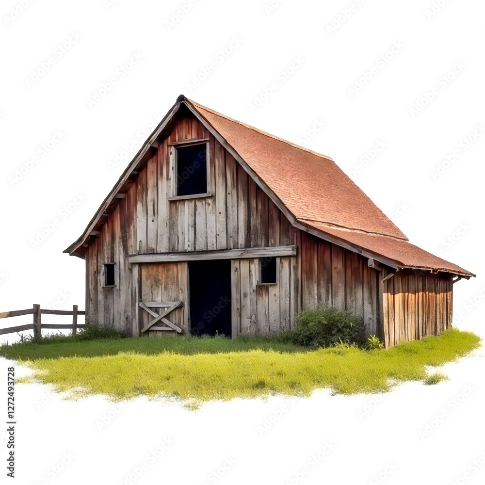 Old Wooden Barn on Grassy Field, Isolated on White Background. Old Wooden Barn on Grassy Field, Isolated on White Background.