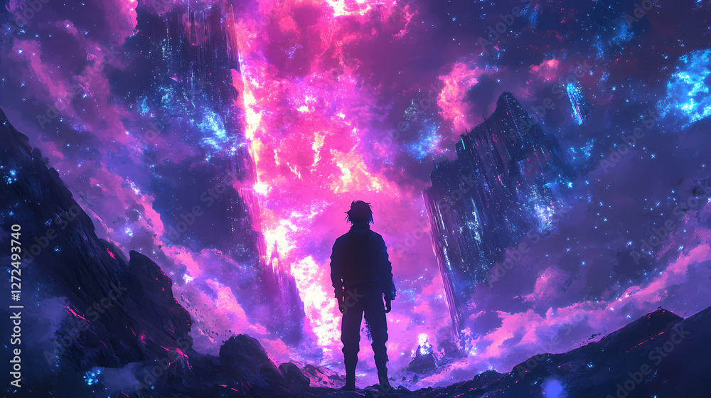 Fototapeta premium Anime man standing against the apocalypse world, colorful anime style. Mystical Neon Landscapes. Illustration