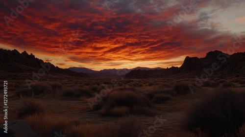 Fiery Sunset Over Desert Mountains And Plains