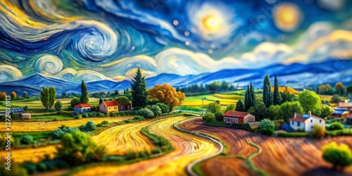 Miniature Starry Night: Tilt-Shift Impressionist Landscape photo