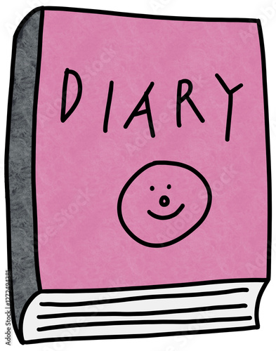 Hand drawn pink diary book illustration with a cute smiling face for stationery and journaling designs