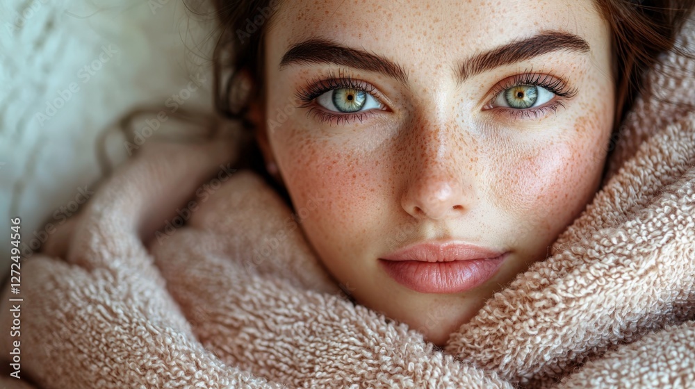 Close-Up of Young Woman with Freckles Wrapped in Soft Blanket Close-Up of Young Woman with Freckles Wrapped in Soft Blanket