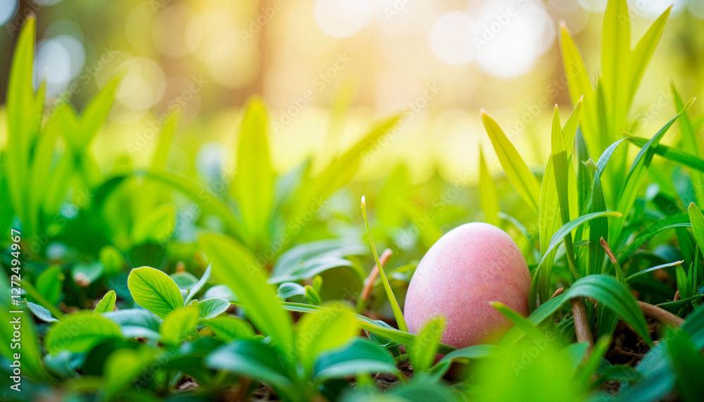 Fototapeta premium Easter egg hidden in green grass. Egg Hunt.