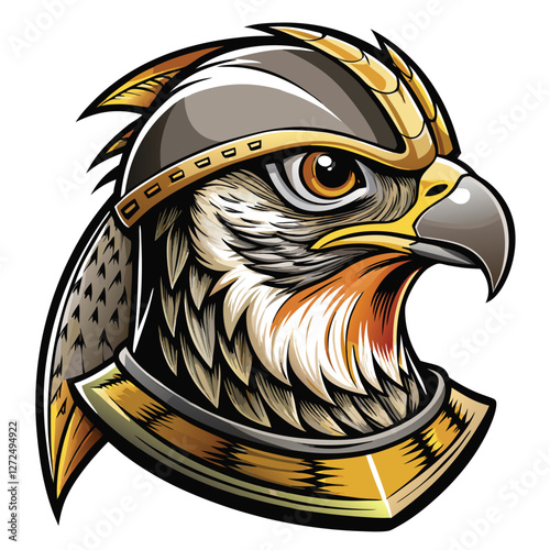 A majestic falcon's head, fiercely gazing, encased within a vintage knight's helmet; bold, graphic style, weathered texture.