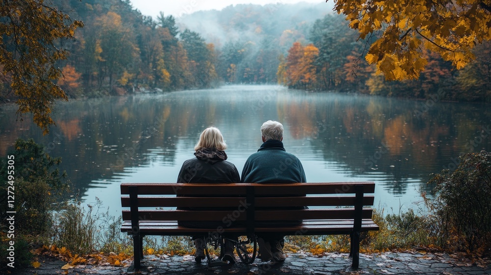 Elderly couple sits, autumn lake view, misty forest Elderly couple sits, autumn lake view, misty forest