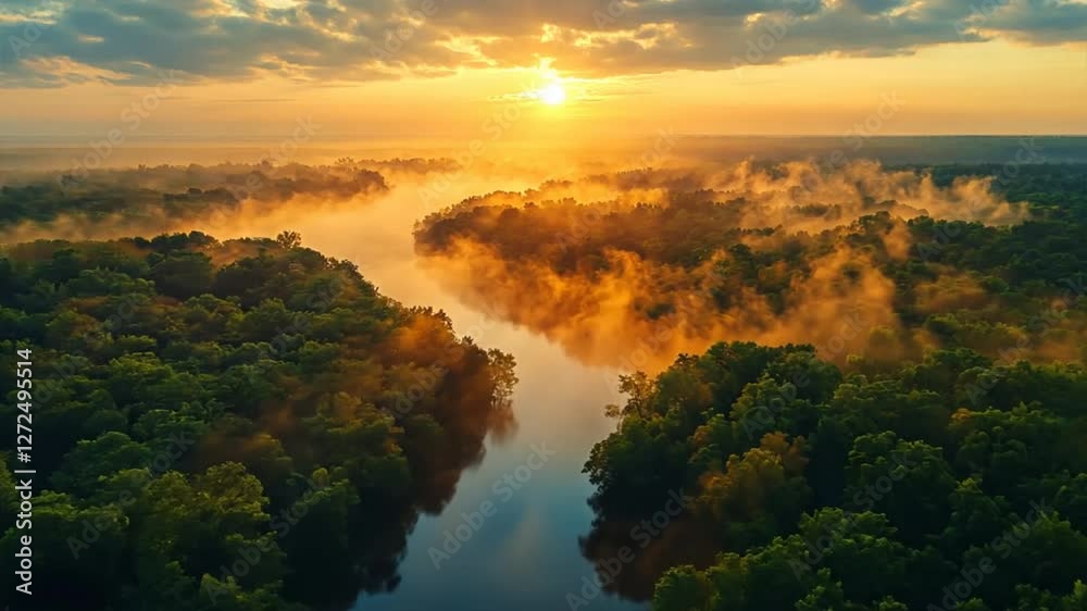 Golden Hour Over River: An aerial vista captures a winding river cutting through a dense forest at sunset, with the sun casting a warm, ethereal glow over the misty landscape.