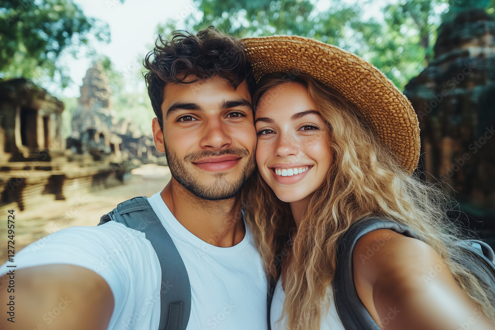 Fototapeta premium Romantic Couple's Adventurous Travel: Exploring Ancient Ruins and Creating Unforgettable Memories Together