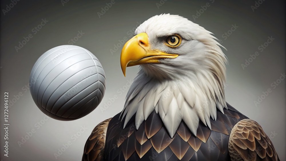 Obraz premium Minimalist Bald Eagle Mascot Holding Volleyball - School Sports Logo