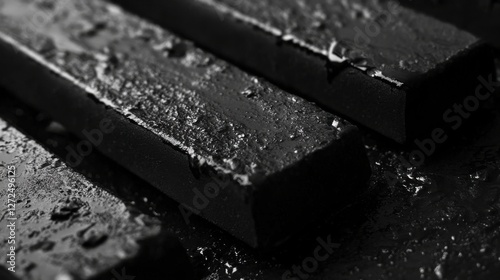 Close-up of textured black rectangular objects, possibly charcoal or industrial material.  The surface shows a rough, slightly wet texture. photo