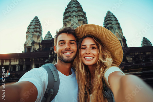 Romantic Getaway: Couple's Selfie at Angkor Wat Temple in Cambodia. An unforgettable travel adventure filled with love, exploration, and cultural immersion. photo