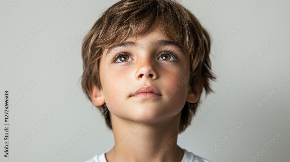 Thoughtful Young Boy Looking Upwards with Hopeful Expression Thoughtful Young Boy Looking Upwards with Hopeful Expression