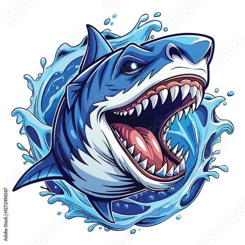 A close-up of a ferocious great white shark's head, jaws agape, with dynamic splashing water surrounding it.