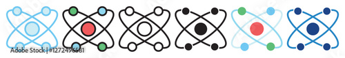 Atom multi style, mini illustration icon. outline, flat, glyph, line color, UI, UX, app and web, digital or print. For education, research, chemistry.