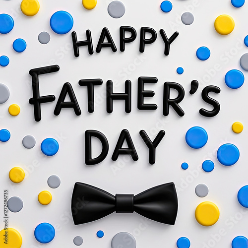 3D rendered Father's Day card with playful 'HAPPY' and whimsical handwritten 'FATHER'S DAY', a simple black bow tie, and cheerful floating dots.