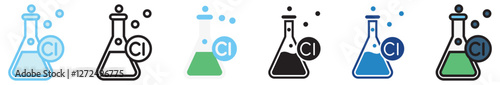 Chlorine Gas multi style, mini illustration icon. outline, flat, glyph, line color, UI, UX, app and web, digital or print. For education, research, chemistry.