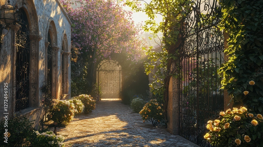 Charming Sunlit Garden Pathway with Dappled Light Effect Charming Sunlit Garden Pathway with Dappled Light Effect