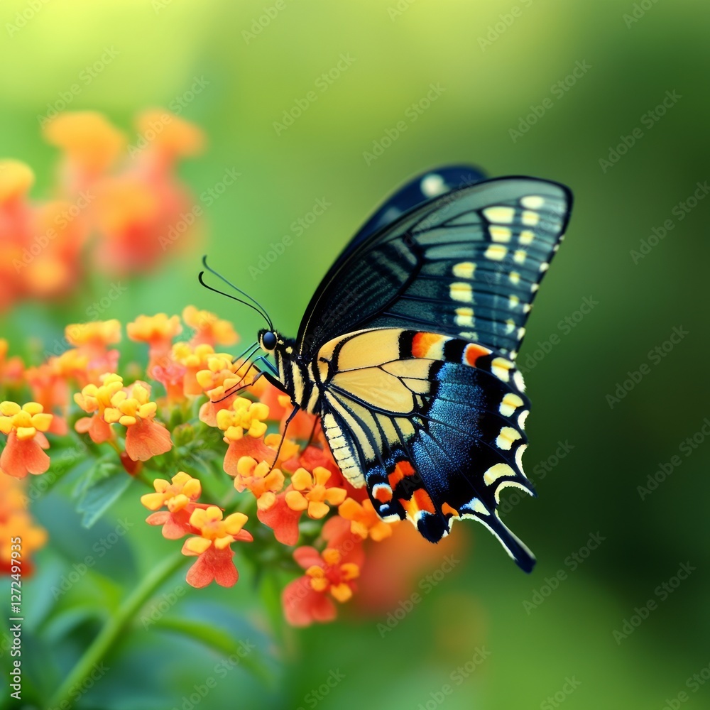 Colorful butterfly perched on vibrant flowers in a lush garden setting Colorful butterfly perched on vibrant flowers in a lush garden setting