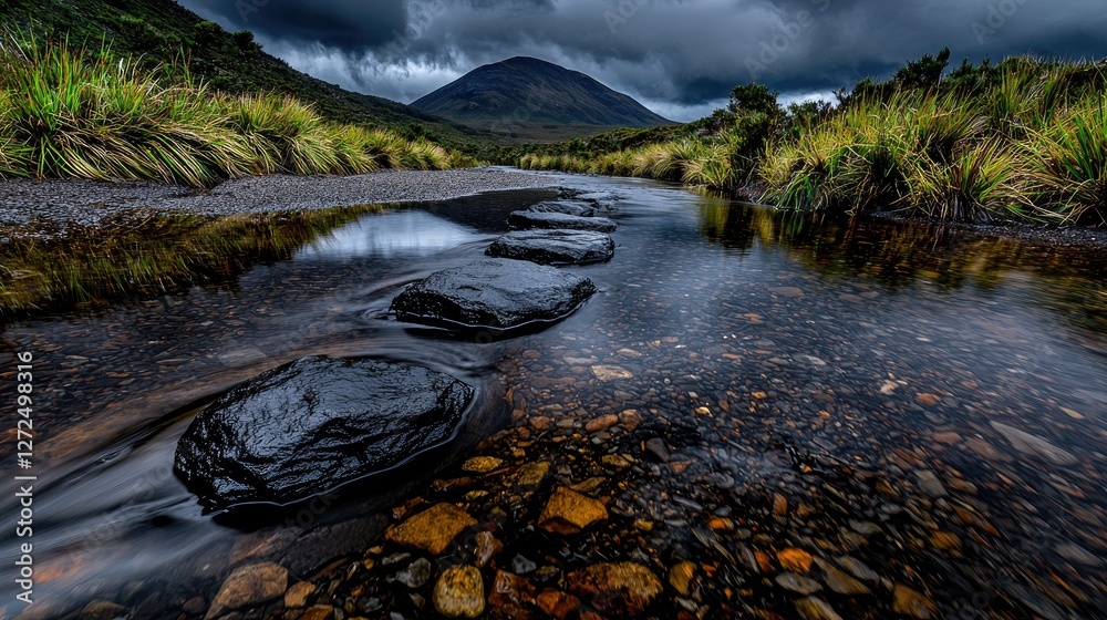 Obraz premium Stepping stones cross a shallow stream leading towards a distant mountain under a dramatic cloudy sky.