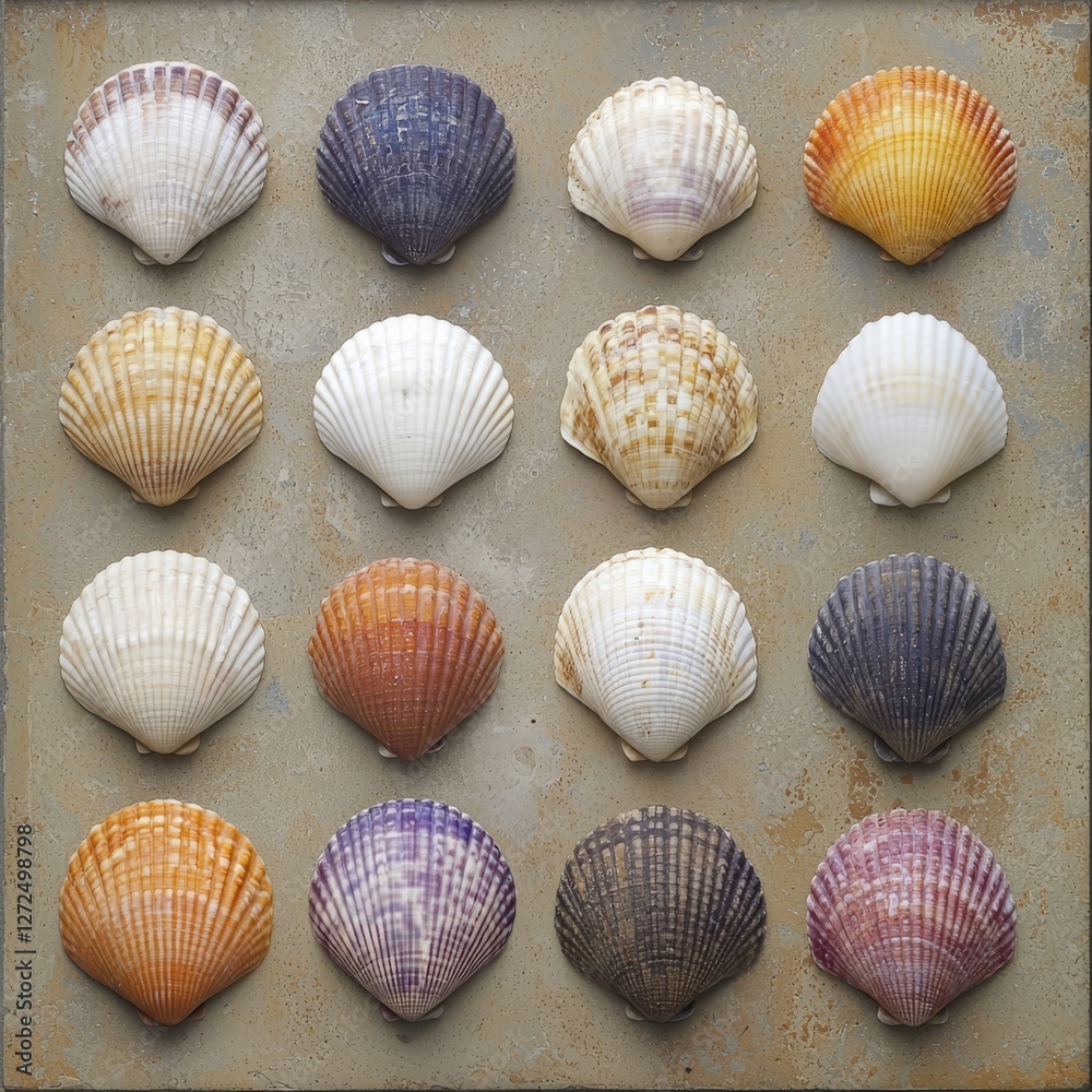 Colorful collection of seashells arranged on a textured surface showcasing variety Colorful collection of seashells arranged on a textured surface showcasing variety