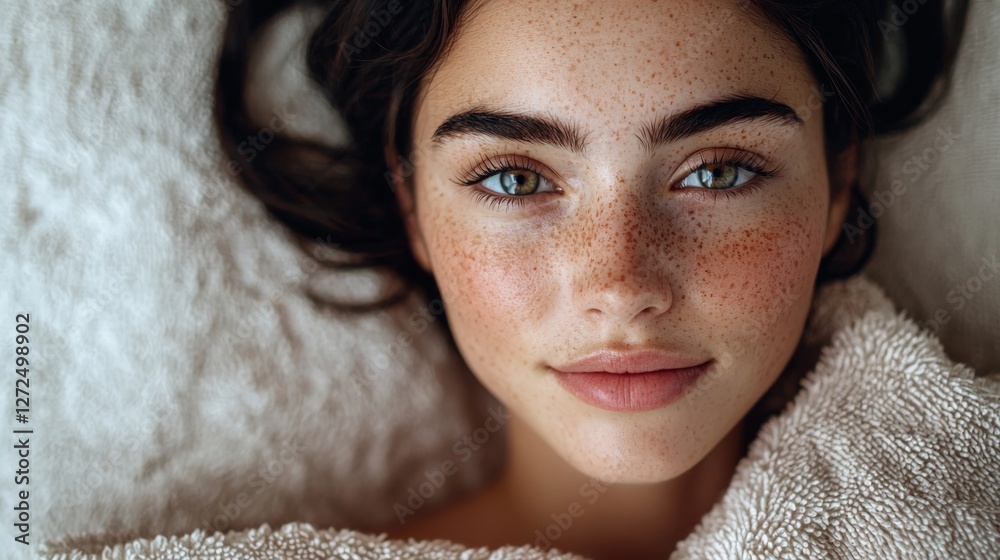 Close-Up of a Beautiful Young Woman with Freckles and Stunning Eyes Close-Up of a Beautiful Young Woman with Freckles and Stunning Eyes