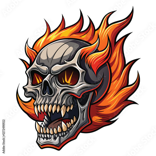 Create a vintage-style illustration of a flaming skull with sharp, pointed teeth, bold lines, and intense detail.  The skull should appear menacing yet artistic.