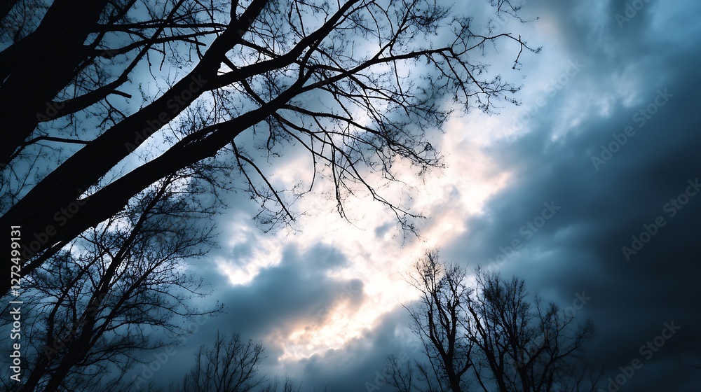 Fototapeta premium Dramatic Sky with Dark Clouds and Tree Silhouettes at Dusk or Dawn : Generative AI