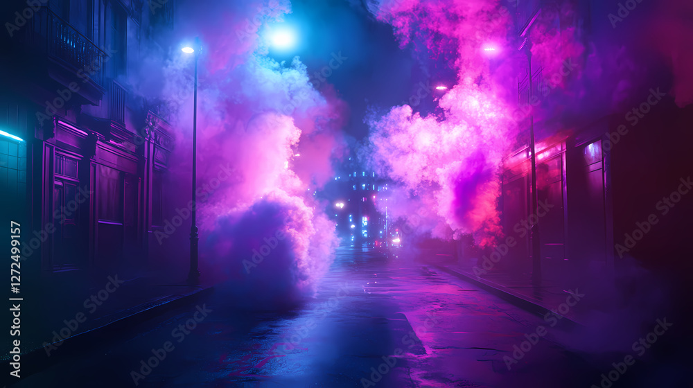 Mystic multi colored smoke moving over wet asphalt. city street with an atmosphere of horror at night. Mystical Neon Landscapes. Illustration Mystic multi colored smoke moving over wet asphalt. city street with an atmosphere of horror at night. Mystical Neon Landscapes. Illustration