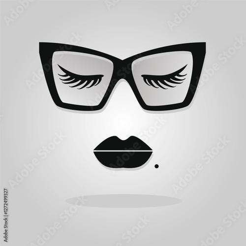 Abstract chic elegant and fashionable lady closed eyes with lashes, trendy cat-eye frame glasses, and lips icons on gray gradient background