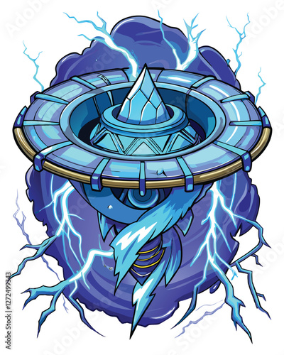A vibrant, otherworldly alien energy core, levitating amidst crackling, purple lightning arcs.  Intricate glowing runes decorate its surface.