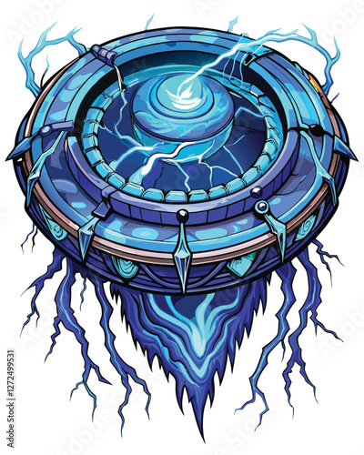 Generate a hyperrealistic image of a pulsating alien energy core, levitating amidst crackling, vibrant purple lightning arcs in a dark void.