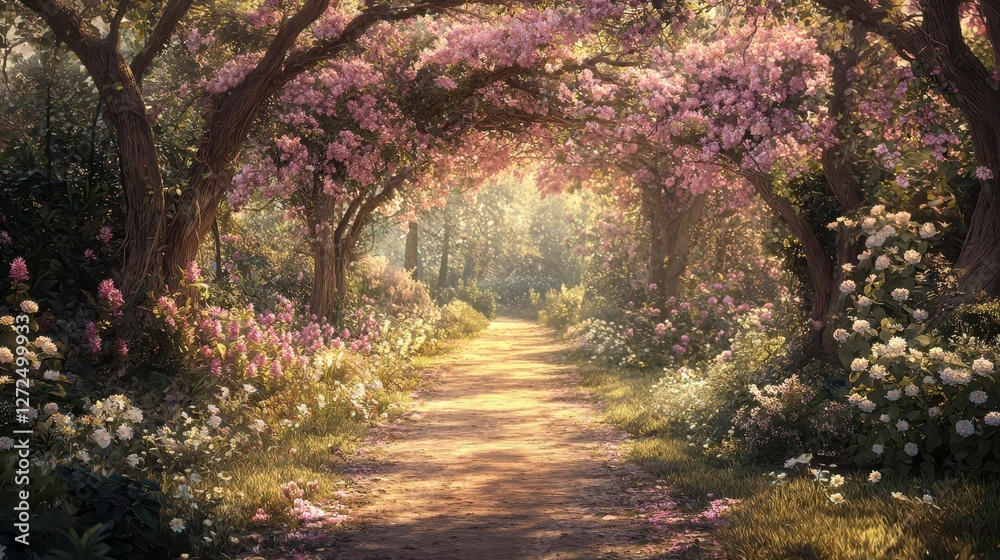 Tranquil Path Through a Flowering Canopy in a Peaceful Garden Tranquil Path Through a Flowering Canopy in a Peaceful Garden