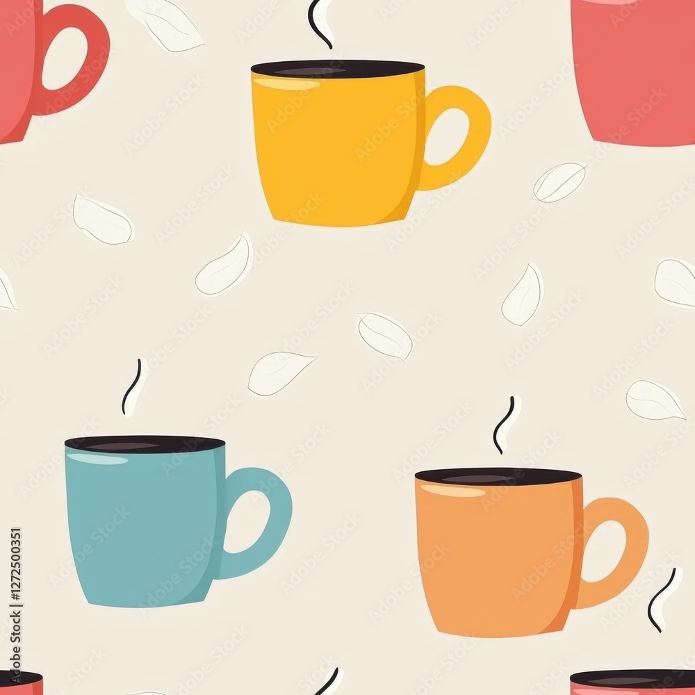 Obraz premium Seamless minimal illustration of drink. A colorful pattern of coffee cups with steam on a light background, featuring shades of red, blue, yellow, and orange, surrounded by white leaf-like shapes.