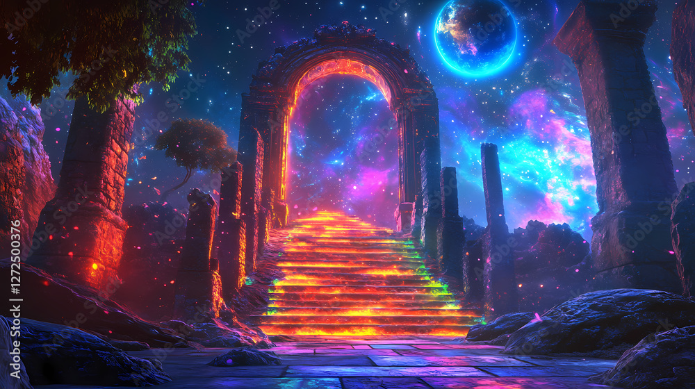 Stunning neon gateway leading to a cosmic universe with a surreal landscape illuminated by vibrant lights, neon, gateway. Mystical Neon Landscapes. Illustration Stunning neon gateway leading to a cosmic universe with a surreal landscape illuminated by vibrant lights, neon, gateway. Mystical Neon Landscapes. Illustration