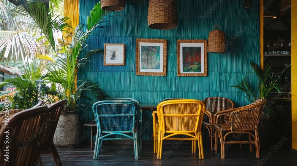 Fototapeta premium Tropical Interior Design with Bamboo Panels and Vibrant Chair Colors