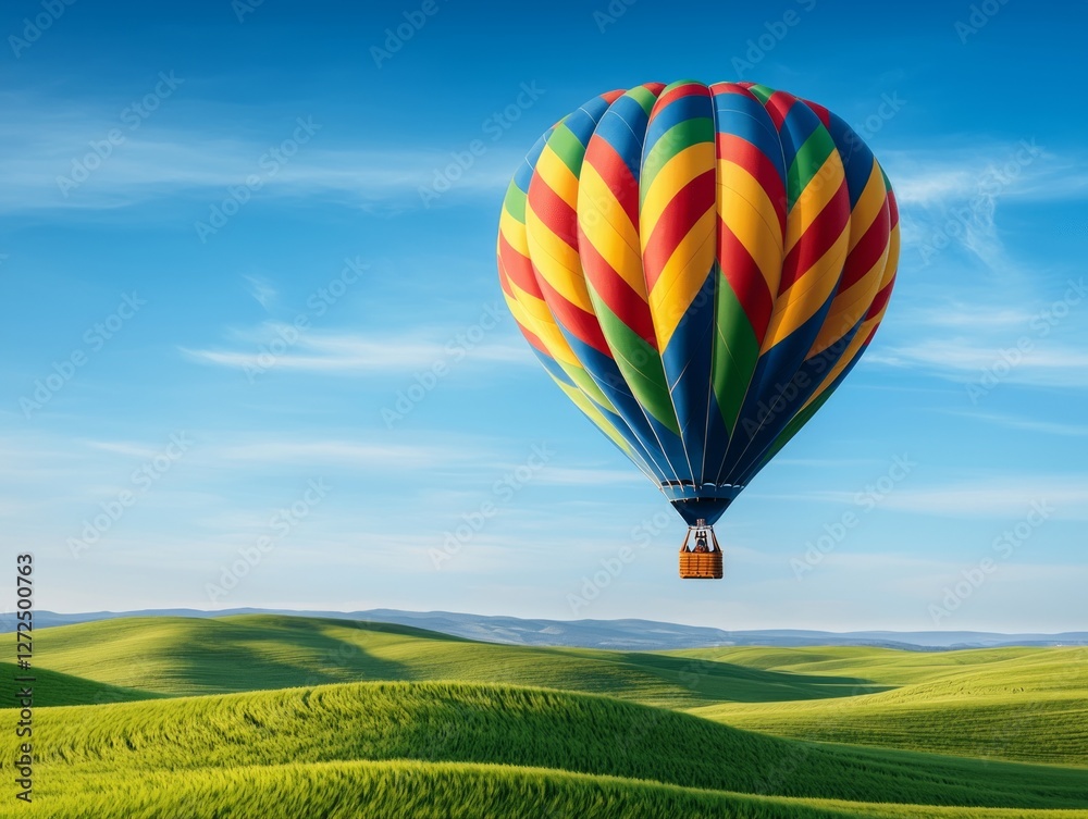 Fototapeta premium Colorful hot air balloon over rolling green hills