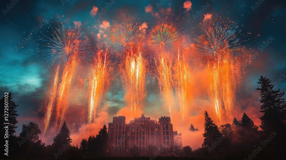 Obraz premium Fireworks explode over castle, night sky, celebration