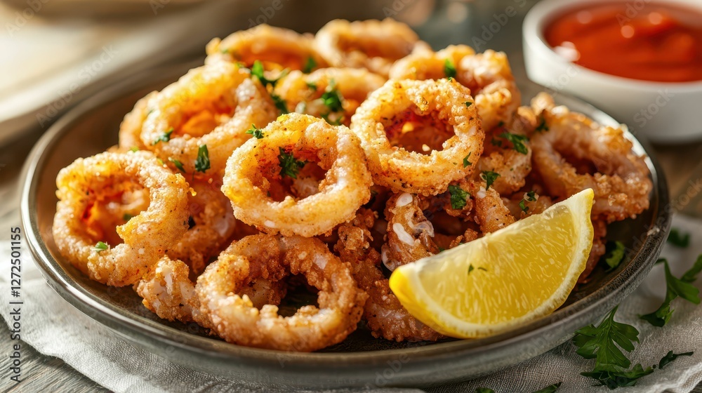 Plate of Vibrant Fried Calamari Rings with Lemon and Sauce Plate of Vibrant Fried Calamari Rings with Lemon and Sauce