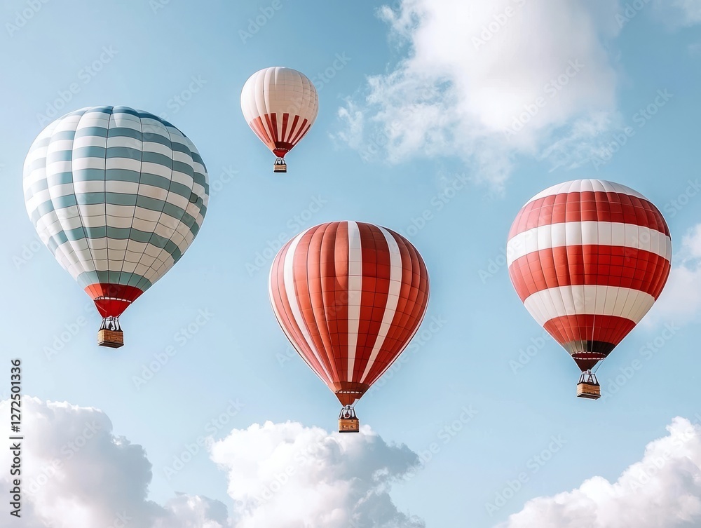 Obraz premium Colorful hot air balloons soaring against a clear blue sky with fluffy clouds