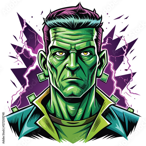 A detailed illustration of Frankenstein's monster,  glowing with vibrant electricity bolts, in a vintage style reminiscent of classic horror movie posters.