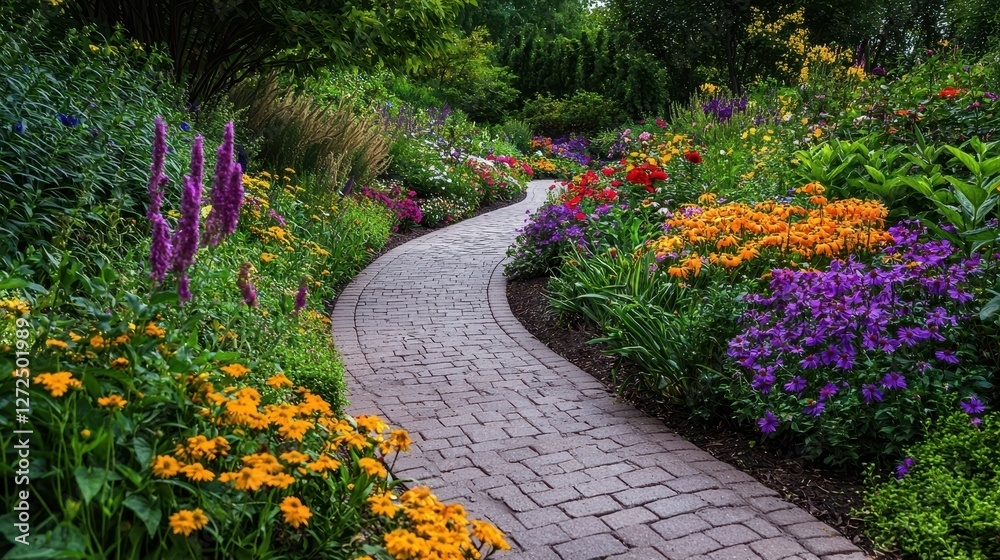 Obraz premium Vibrant Flower Garden Pathway in a Tranquil Hospital Setting