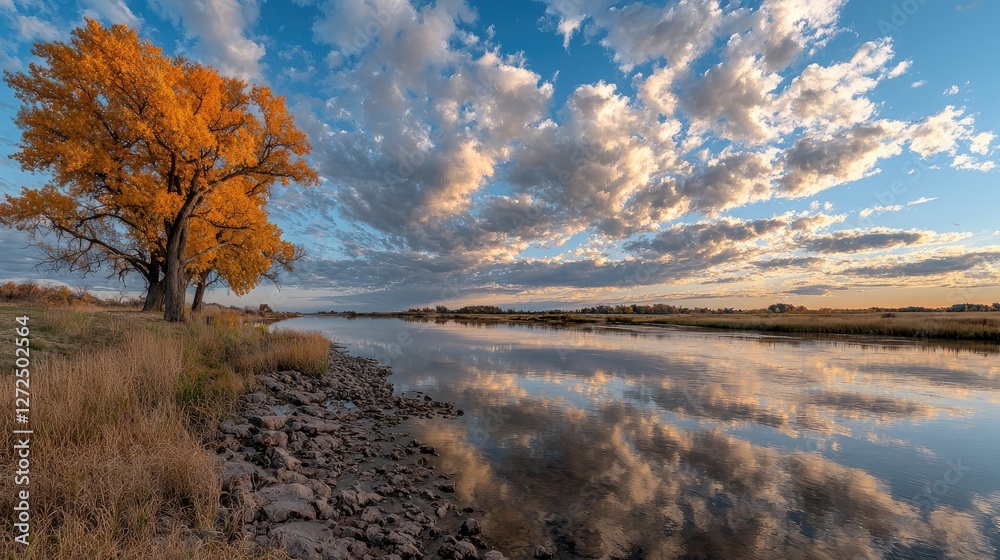 Obraz premium Golden autumn tree reflecting in calm river at sunset